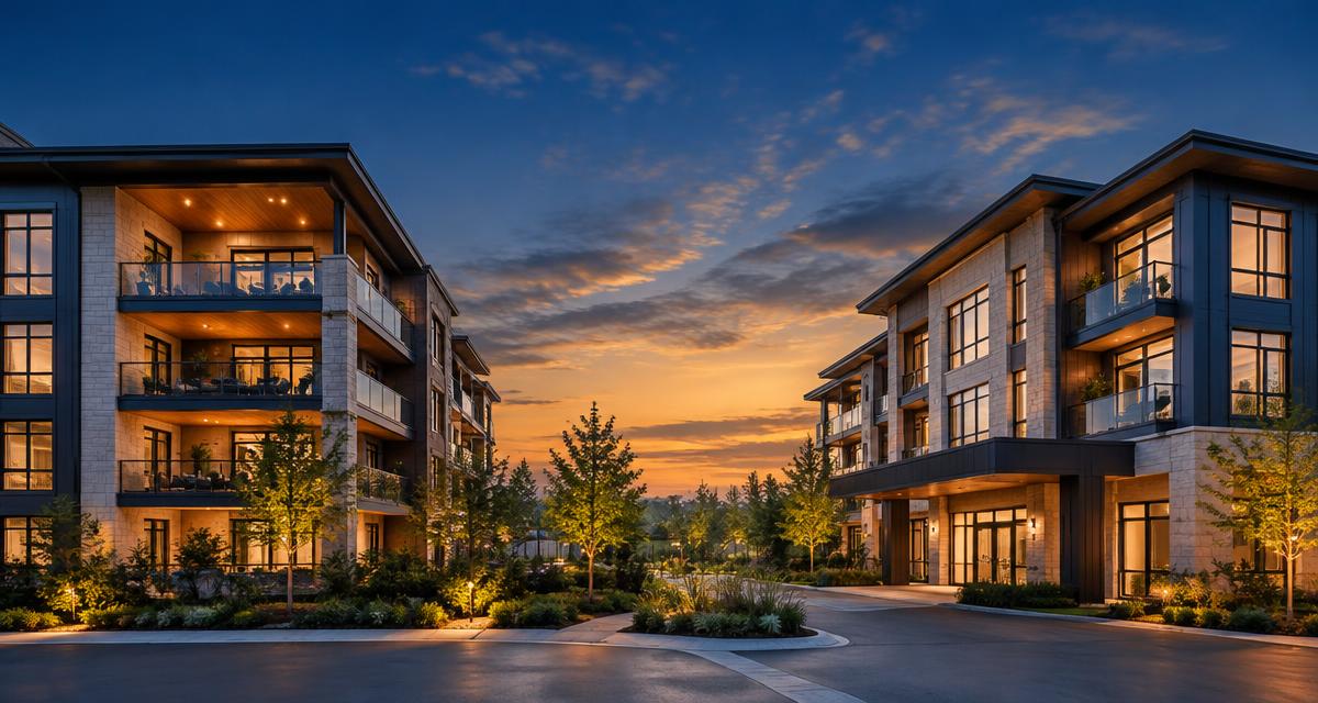 Two modern senior living buildings at twilight