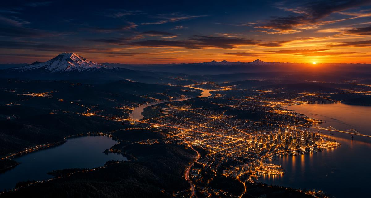 Aerial view of city lights at dusk