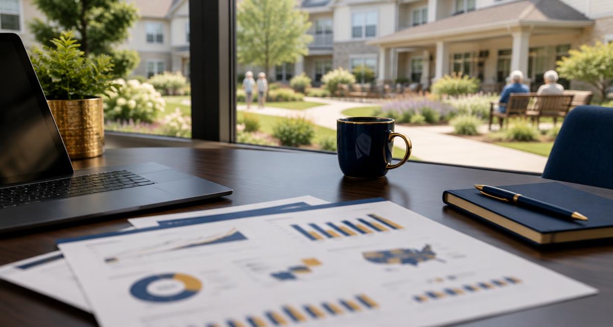Market report charts on a desk overlooking a senior living community
