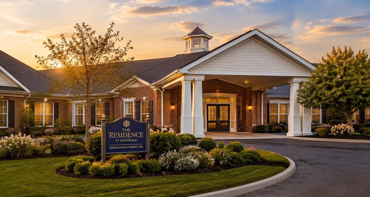Brick assisted living community exterior at sunset